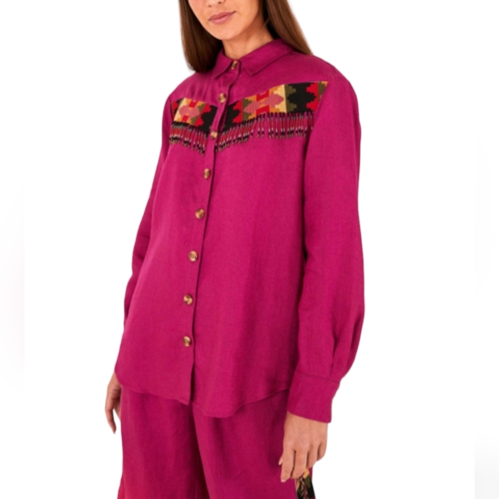FARM RIO 100% Linen Women's Pink Beaded Fringe Shirt size S